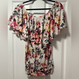 VENUS White Off-Shoulder Floral Ruffle Top with Pink & Yellow Flowers